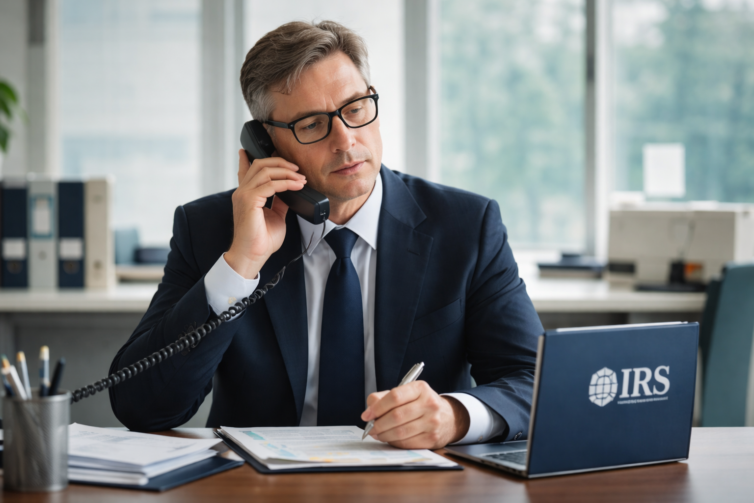 Tax professional on the phone handling an IRS negotiation matter